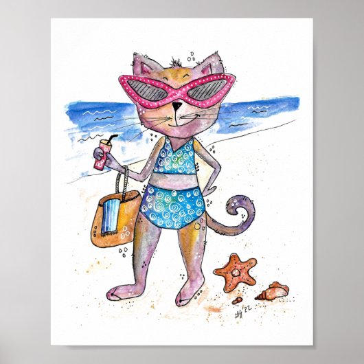 Cute Whimsical Cat op de strand Poster (Voorkant)