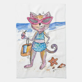 Cute Whimsical Cat op de strand Theedoek