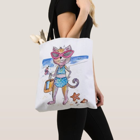 Cute Whimsical Cat op de strand Tote Bag (Dichtbij)