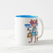 Cute Whimsical Cat op de strand Tweekleurige Koffiemok (Voorkant rechts)