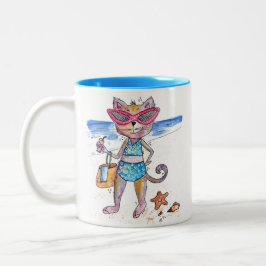 Cute Whimsical Cat op de strand Tweekleurige Koffiemok