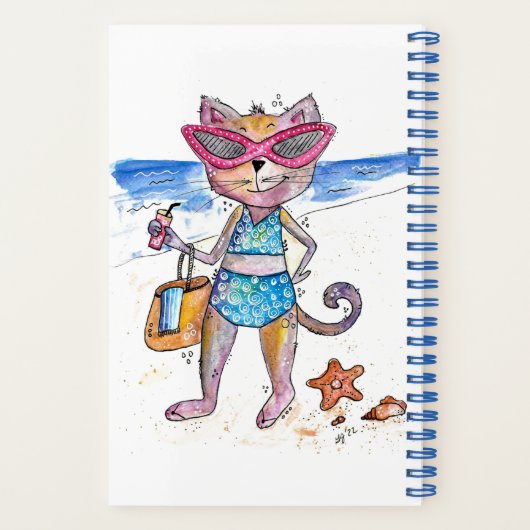 Cute Whimsical Cat op het strand Spiral Notitieboe Notitieboek (Achterkant)