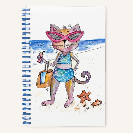 Cute Whimsical Cat op het strand Spiral Notitieboe Notitieboek (Voorkant)