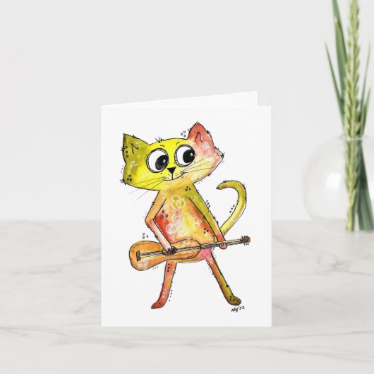 Cute Whimsical Cat Plays Guitar Kaart (Voorkant)