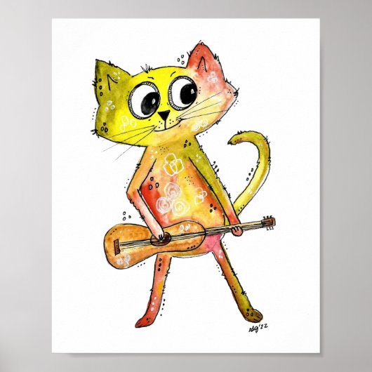 Cute Whimsical Cat Plays Guitar Poster (Voorkant)