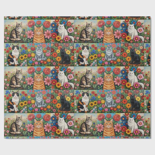 Cute Whimsical Cats and Folk Art Flowers Cadeaupapier (Vlak)