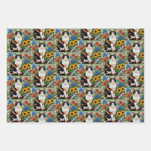 Cute Whimsical Cats and Folk Art Flowers Inpakpapier Vel (Voorkant 3)