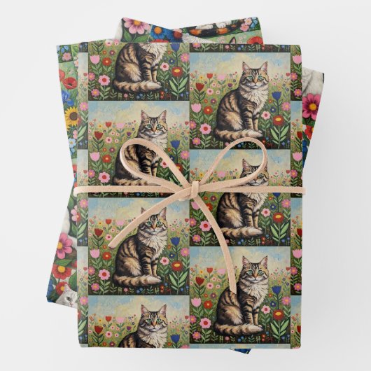 Cute Whimsical Cats and Folk Art Flowers Inpakpapier Vel (In situ)