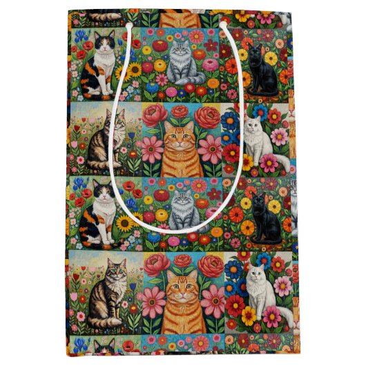 Cute Whimsical Cats and Folk Art Flowers Medium Cadeauzakje (Voorkant)