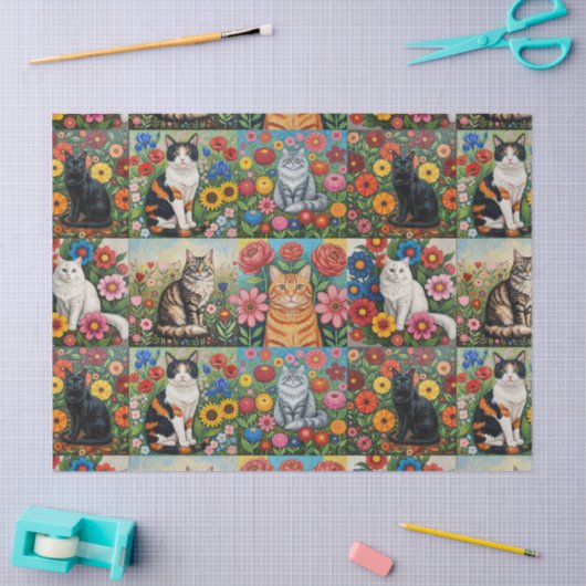 Cute Whimsical Cats and Folk Art Flowers Tissuepapier (Craft)