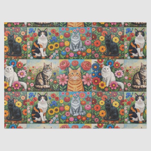 Cute Whimsical Cats and Folk Art Flowers Tissuepapier (Voorkant)