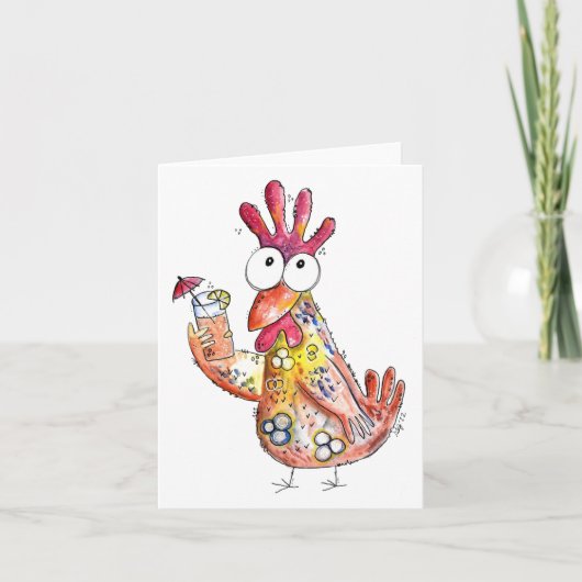 Cute Whimsical Chicken met Tropische Drink Kaart (Voorkant)