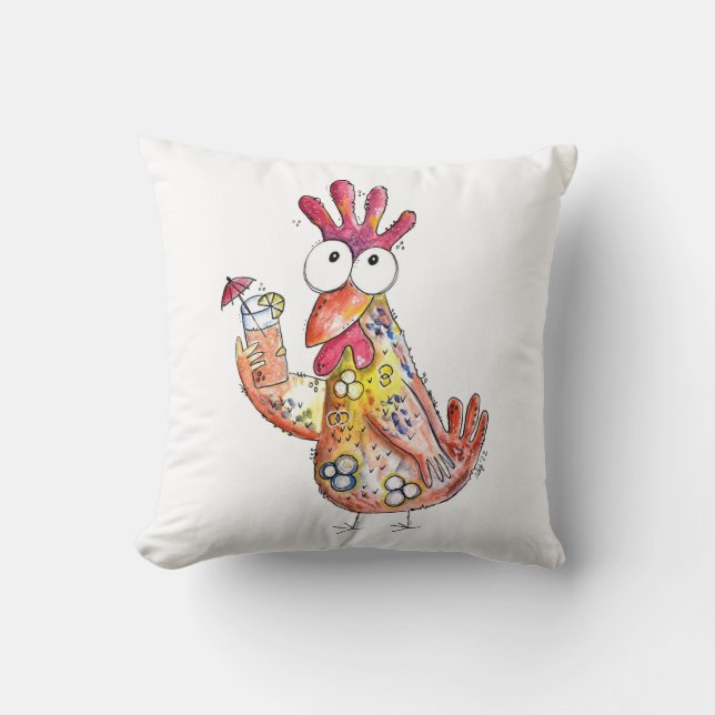 Cute Whimsical Chicken met Tropische Drink Kussen (Voorkant)