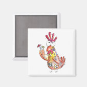 Cute Whimsical Chicken met Tropische Drink Magneet (Voorkant / Achterkant)