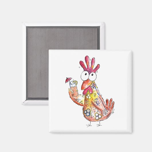 Cute Whimsical Chicken met Tropische Drink Magneet (Voorkant / Achterkant)
