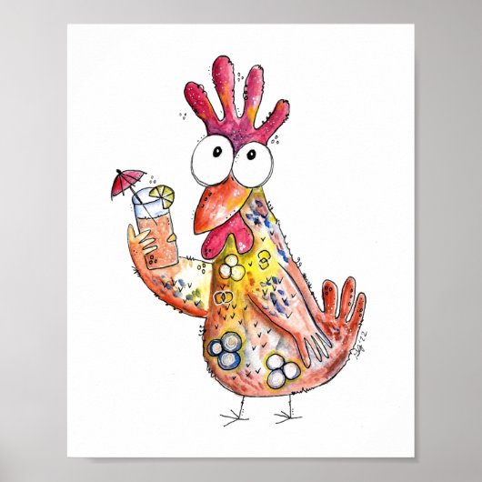 Cute Whimsical Chicken met Tropische Drink Poster (Voorkant)