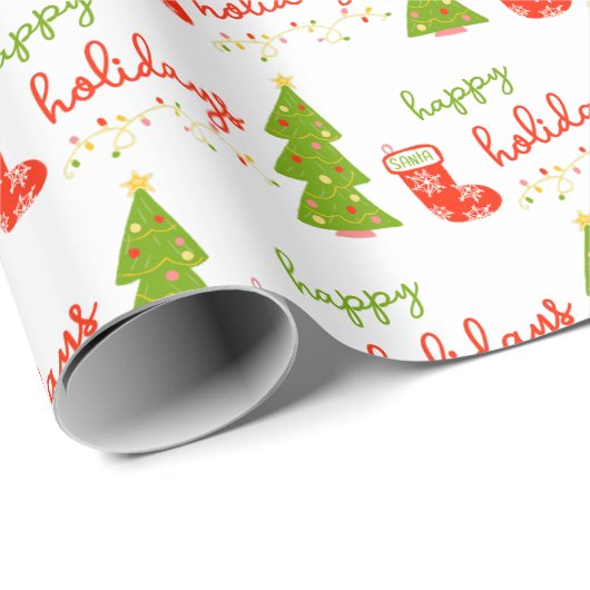 Cute Whimsical Christmas Icons HAPPY HOLIDAYS Cadeaupapier (Rol Hoek)