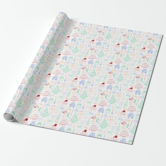Cute Whimsical Colorful Christmas Doodle Cadeaupapier (Uitgerold)