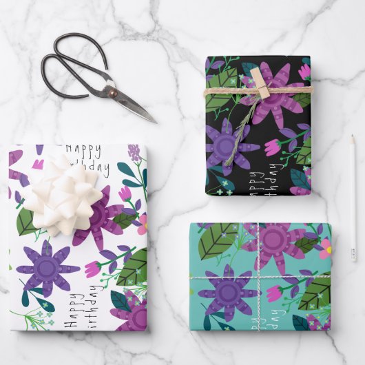 Cute Whimsical Colorful Floral Happy Birthday Inpakpapier Vel (Voorkant)