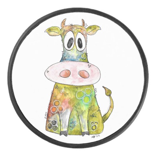 Cute Whimsical Colorful Koe Hockey Puck (Voorkant)