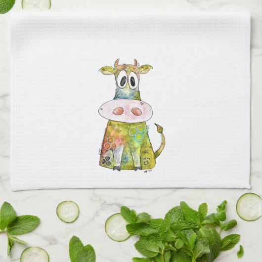 Cute Whimsical Colorful Koe Theedoek (Gevouwen)