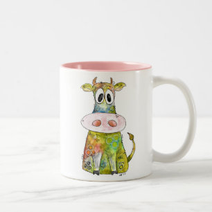 Cute Whimsical Colorful Koe Tweekleurige Koffiemok