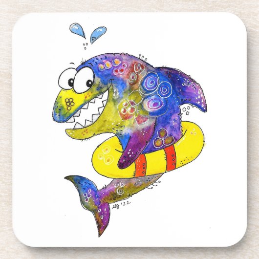 Cute Whimsical Colorful Shark in Float Bier Onderzetter (Voorkant)