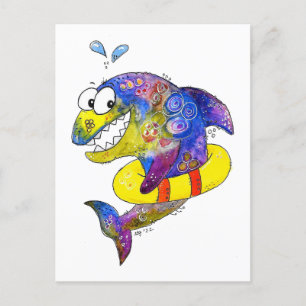 Cute Whimsical Colorful Shark in Float Briefkaart