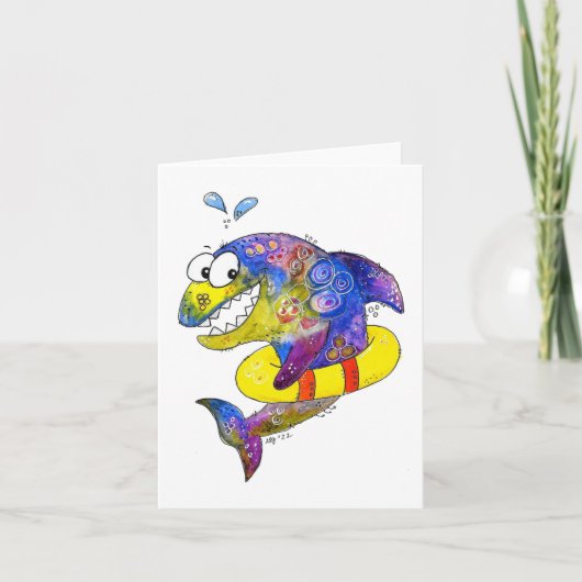 Cute Whimsical Colorful Shark in Float Kaart (Voorkant)