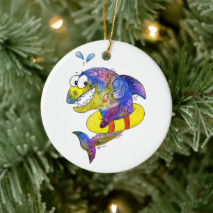 Cute Whimsical Colorful Shark in Float Keramisch Ornament