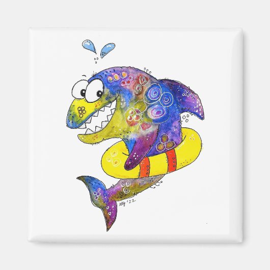 Cute Whimsical Colorful Shark in Float Magneet (Voorkant)