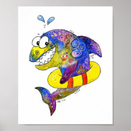 Cute Whimsical Colorful Shark in Float Poster