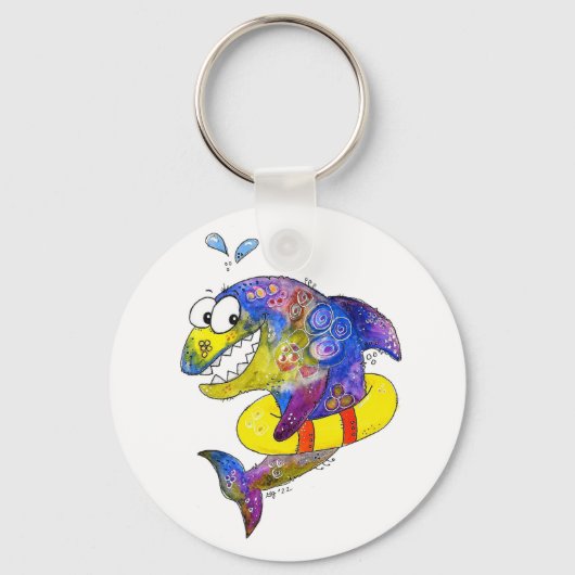 Cute Whimsical Colorful Shark in Float Sleutelhanger (Voorkant)