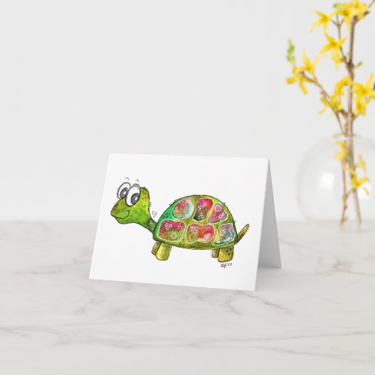 Cute Whimsical Colorful Turtle Kaart (Gele Bloem)