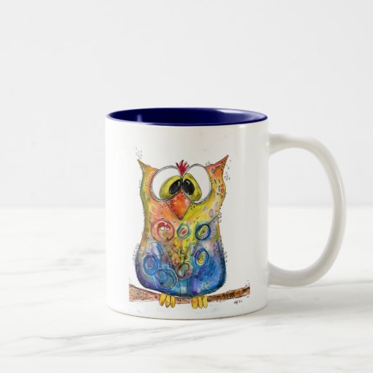 Cute Whimsical Confused Owl Tweekleurige Koffiemok (Rechts)