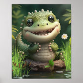 Cute Whimsical Crocodile glimlacht nabij Pond Art Poster (Voorkant)