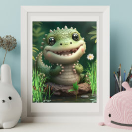 Cute Whimsical Crocodile glimlacht nabij Pond Art Poster