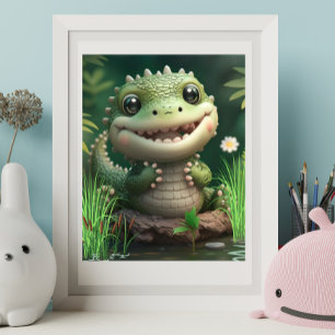 Cute Whimsical Crocodile glimlacht nabij Pond Art Poster