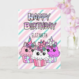 Cute Whimsical Cupcakes Girl's Birthday Kaart