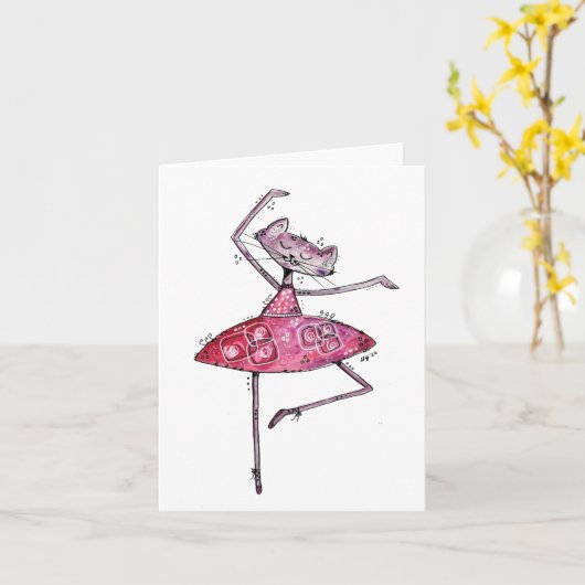 Cute Whimsical Dancing Cat Kaart (Gele Bloem)
