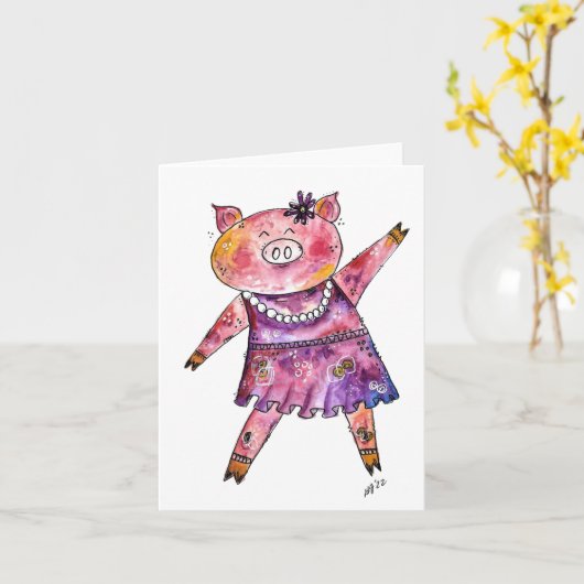 Cute Whimsical Dancing Pig Kaart (Gele Bloem)