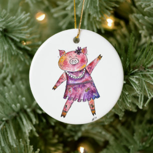 Cute Whimsical Dancing Pig Keramisch Ornament