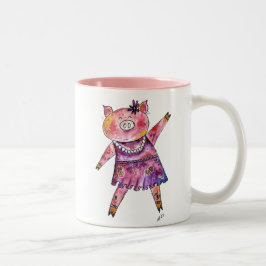 Cute Whimsical Dancing Pig Tweekleurige Koffiemok