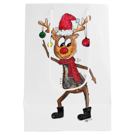 Cute Whimsical Dansende Kerstman Deer Medium Cadeauzakje (Achterkant)