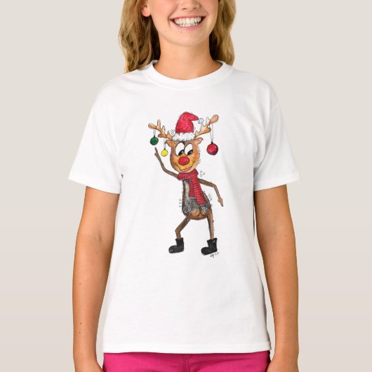 Cute Whimsical Dansende Kerstman Deer T-shirt (Voorkant)
