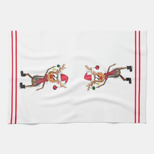 Cute Whimsical Dansende Kerstman Deer Theedoek (Horizontaal)