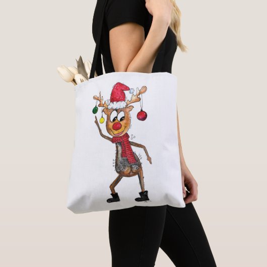 Cute Whimsical Dansende Kerstman Deer Tote Bag (Dichtbij)