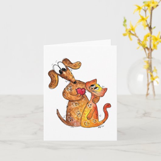 Cute Whimsical Dog en Cat Kaart (Gele Bloem)