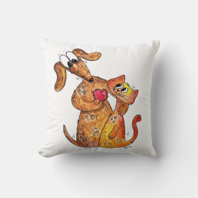 Cute Whimsical Dog en Cat Kussen (Voorkant)