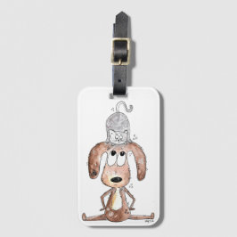 Cute Whimsical Dog met Cat op zijn hoofd Bagagelabel